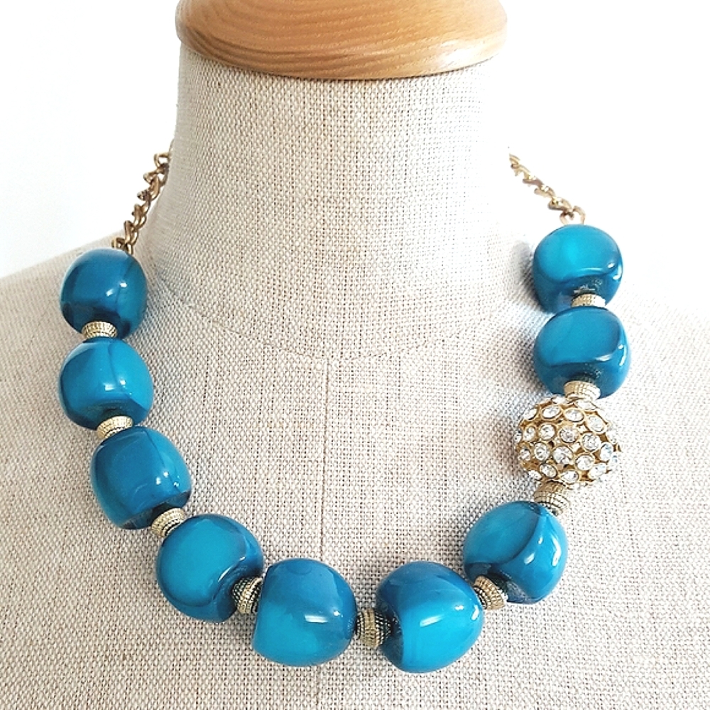 Vintage🔖Boho Blue Chunky Wooden Beads Rhinestones Short Necklace